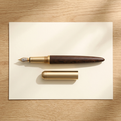 A luxury fountain pen with a dark wood grain handle and polished gold-toned metal accents, shown with its cap off on a white sheet of paper over a light wood grain surface.