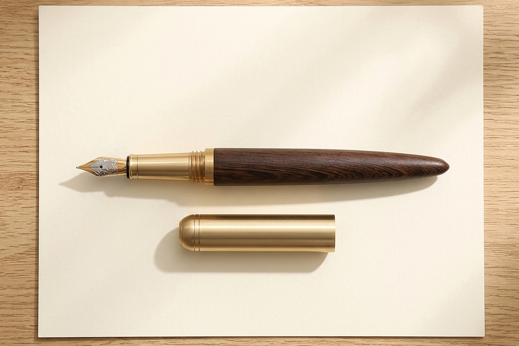 A luxury fountain pen with a dark brown wood grain barrel and polished gold-tone metal accents, shown with its cap removed and placed below it on a white sheet of paper over a light wood grain background.