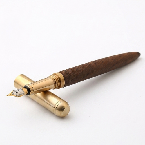 A fountain pen with a dark brown wooden barrel and polished gold-tone metal accents, shown uncapped with the nib exposed on a clean white background.